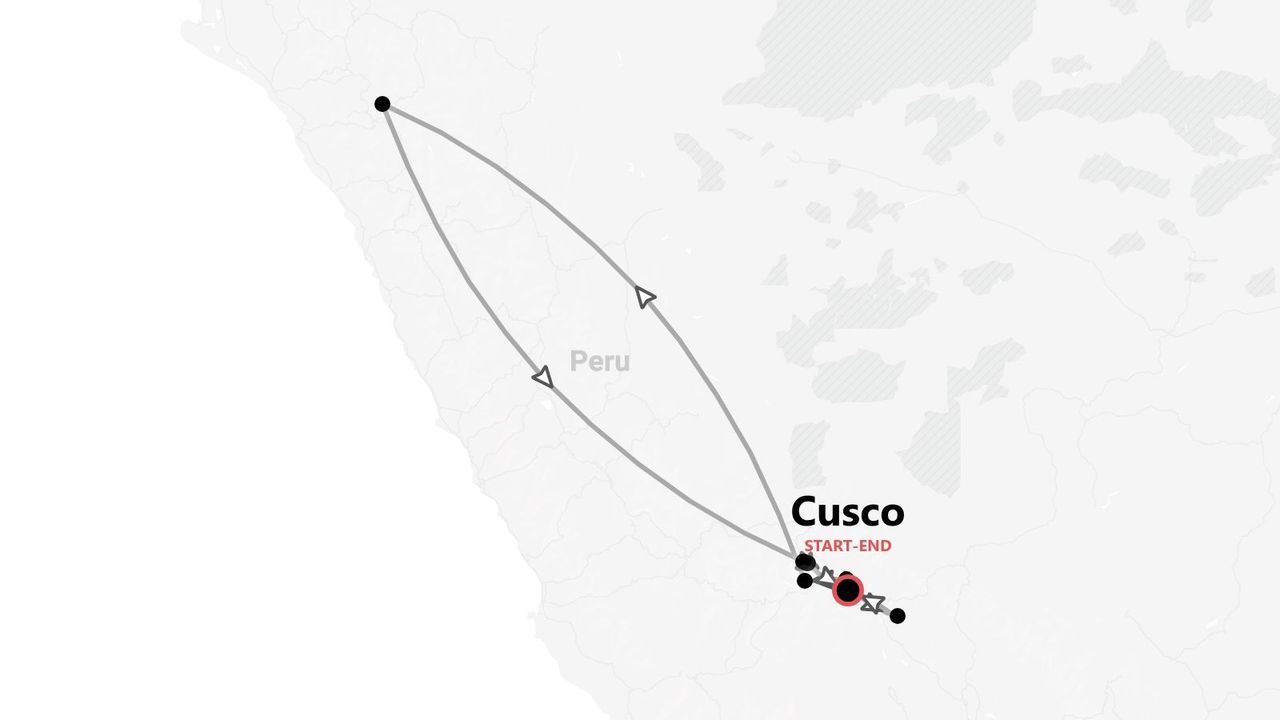 Un mapa que muestra un itinerario de viaje en Perú, con una ruta circular que empieza y termina en la ciudad de Cusco.