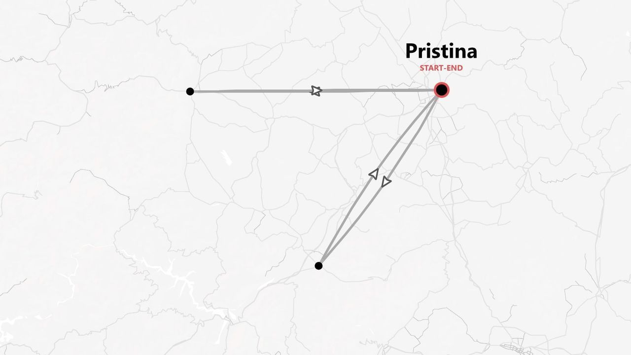 Una mappa di un itinerario di viaggio che mostra un percorso triangolare con inizio e fine a Pristina.