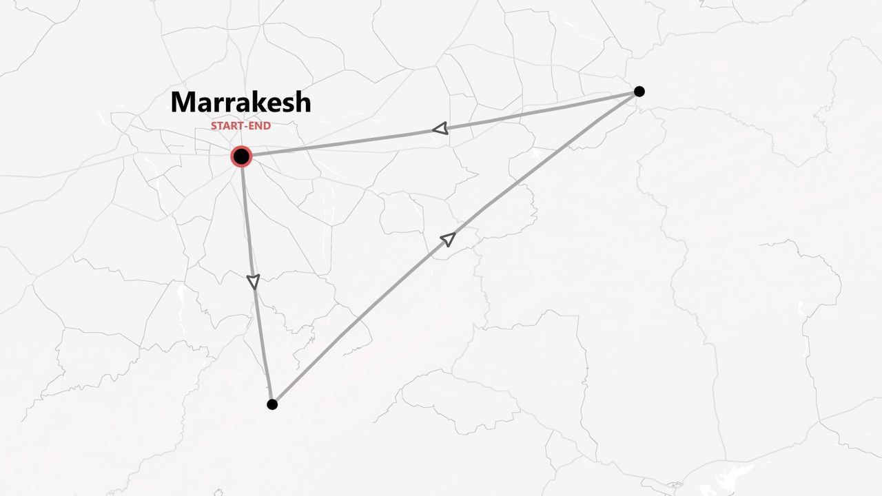 Une carte stylisée illustrant un itinéraire de voyage triangulaire avec départ et arrivée à Marrakech.