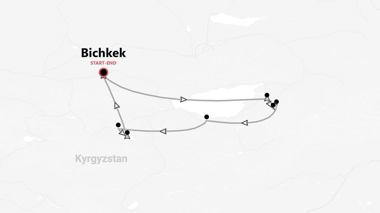Carte d'un itinéraire de voyage au Kirghizistan, avec départ et arrivée à Bichkek.