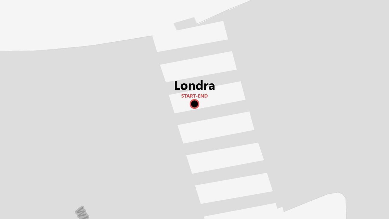 Mappa grafica che mostra un punto di inizio/fine, etichettato 'Londra', su un attraversamento pedonale stilizzato.