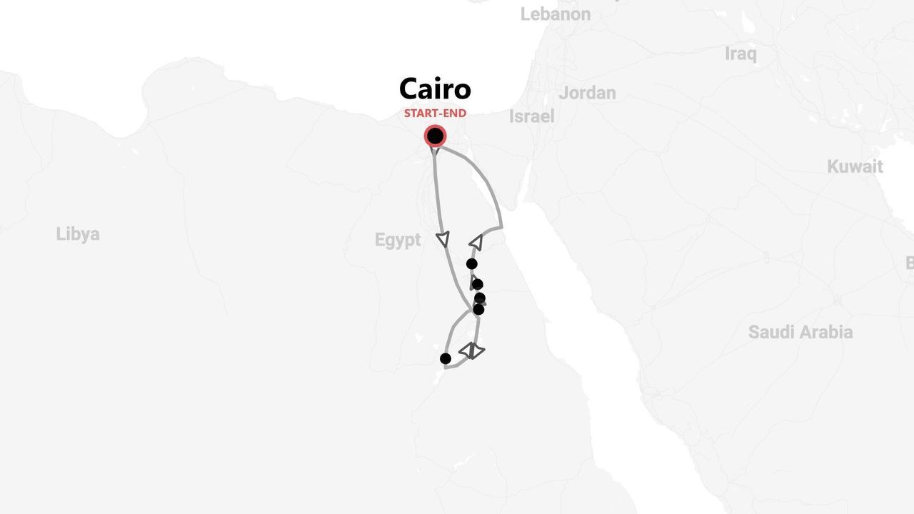 A map showing a travel itinerary in Egypt. The route starts and ends in Cairo, forming a loop south with several marked stops.