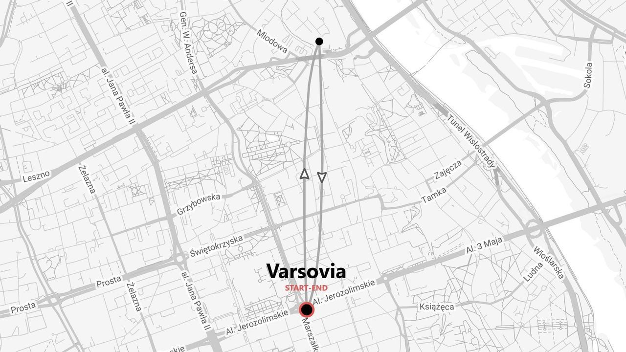 Un mapa callejero en blanco y negro de Varsovia que muestra una ruta con un punto de inicio y fin en Aleje Jerozolimskie.