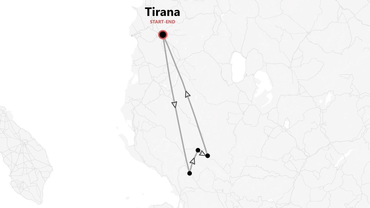 Une carte minimaliste illustrant un itinéraire de voyage qui commence et se termine à Tirana, marqué par des lignes et des flèches.