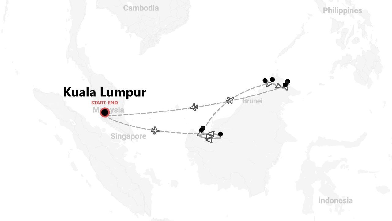 Mapa de itinerario de viaje por Malasia, con inicio y fin en Kuala Lumpur y vuelos a la isla de Borneo.