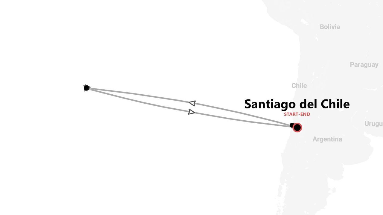 Mappa di un itinerario circolare con partenza e arrivo a Santiago del Cile, con i paesi sudamericani sullo sfondo.
