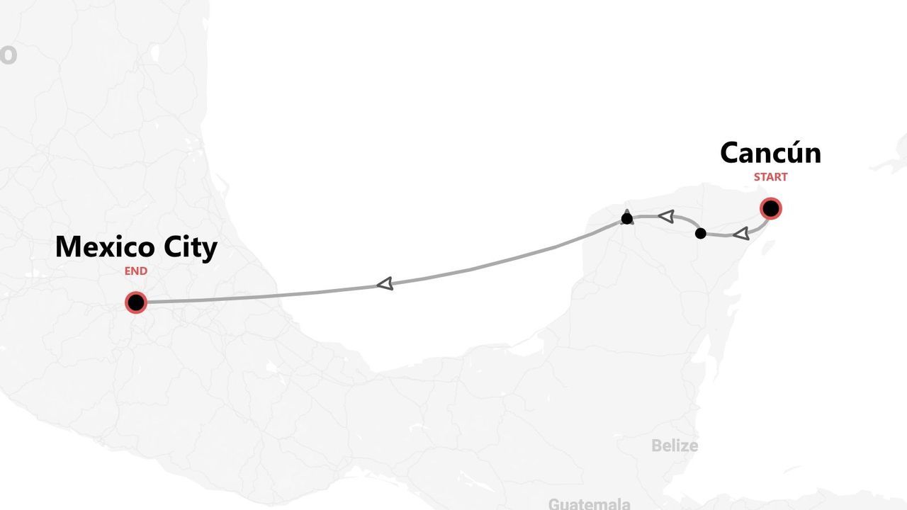 A map showing a travel route starting in Cancún and ending in Mexico City, across Mexico.