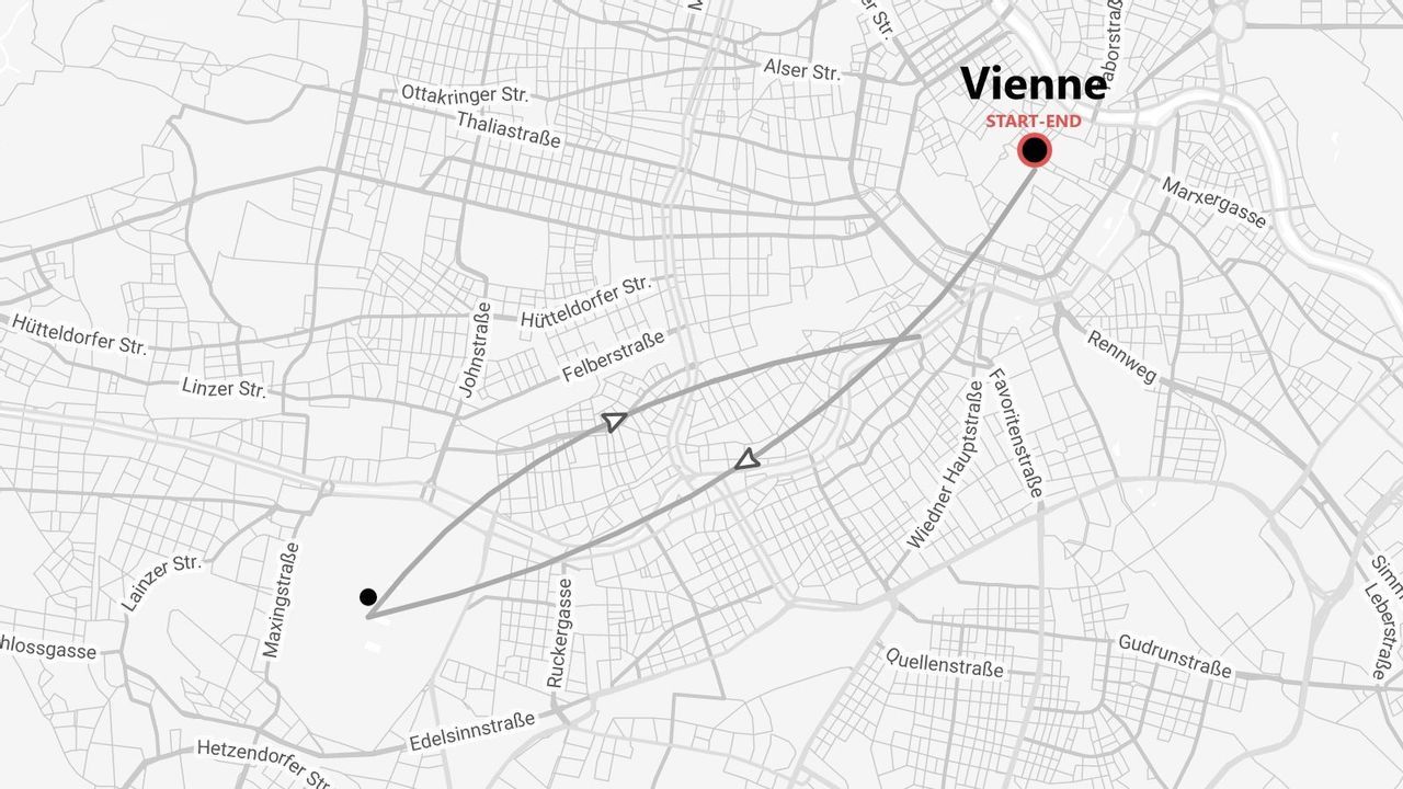 Une carte de Vienne montrant un itinéraire circulaire commençant et se terminant au centre-ville, mettant en évidence diverses rues.