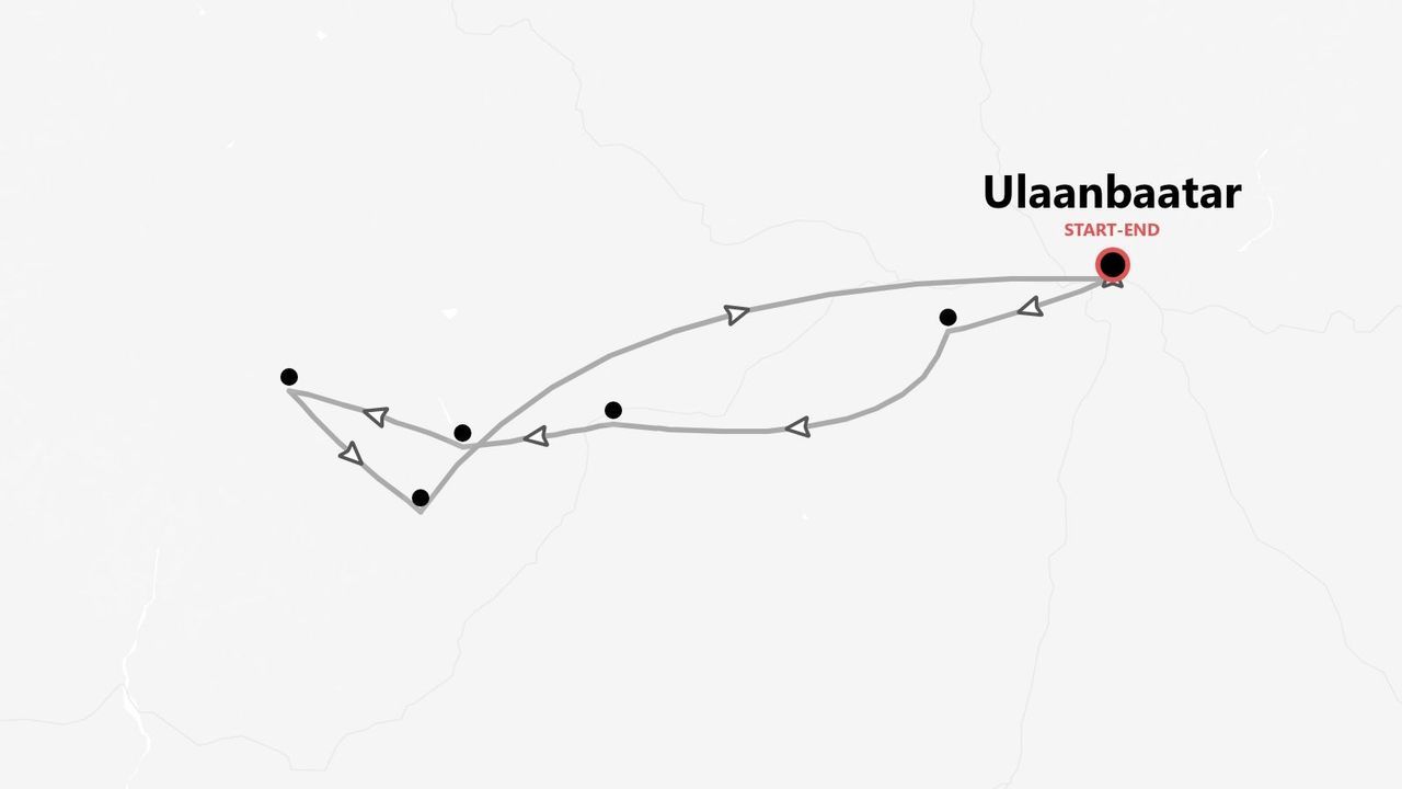 Un mapa estilizado que muestra una ruta de viaje circular con múltiples paradas, que comienza y termina en Ulán Bator.