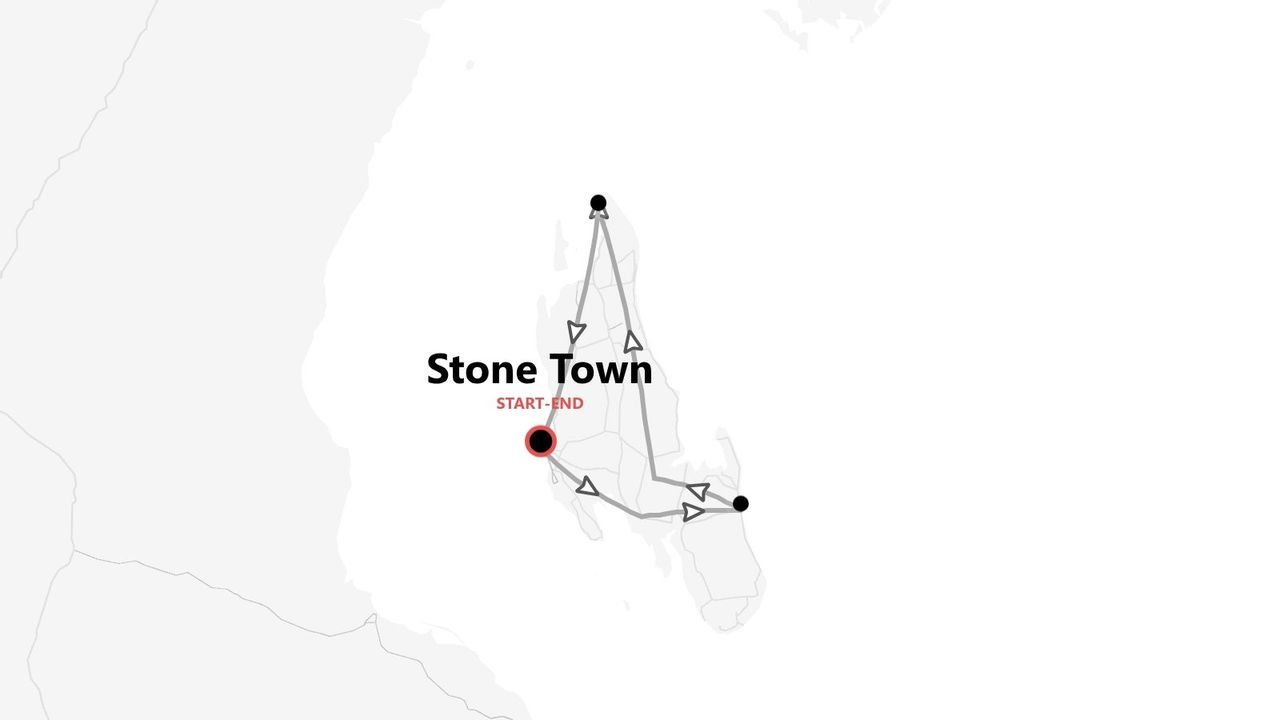 Une carte minimaliste montrant un itinéraire de voyage avec un parcours qui commence et se termine à Stone Town.