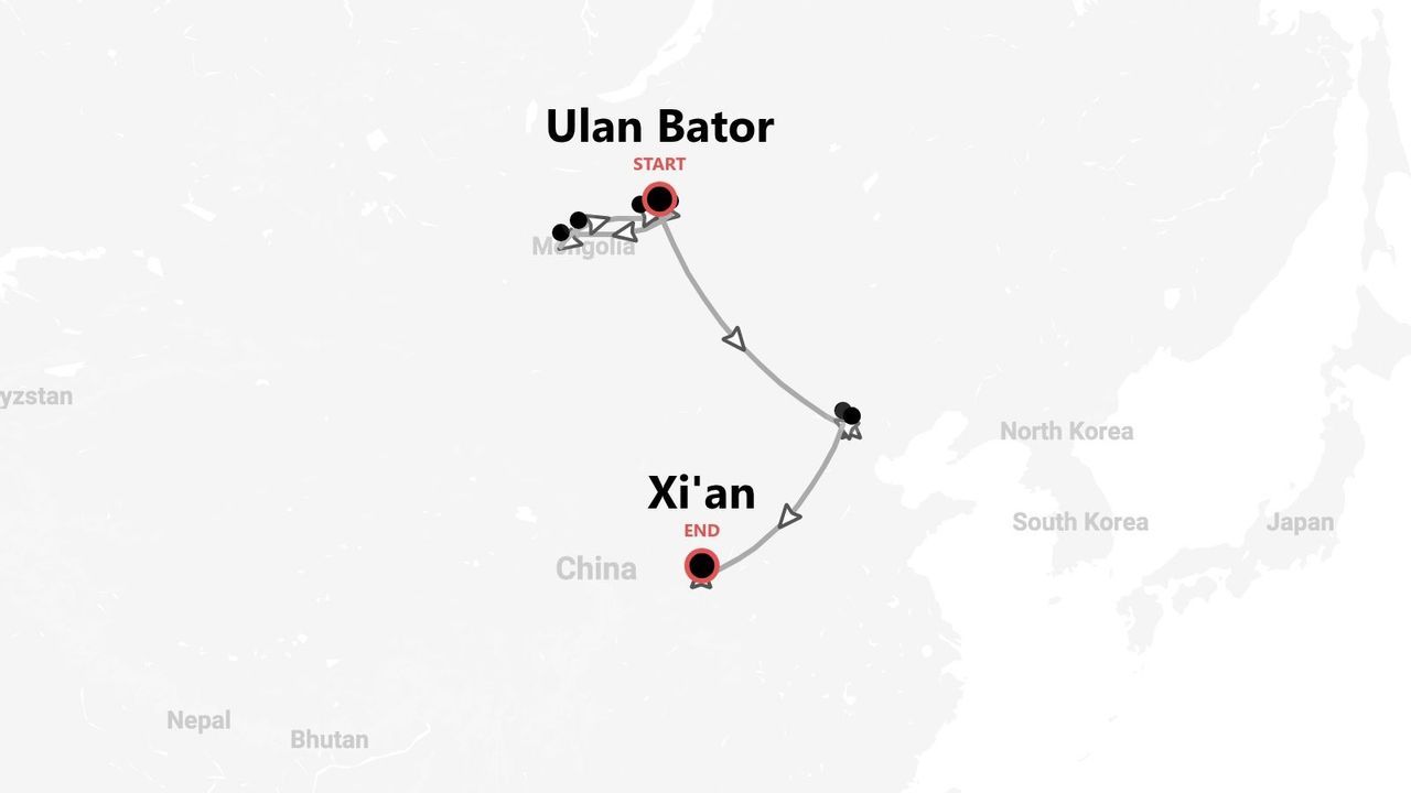 Mappa di un itinerario di viaggio da Ulan Bator, Mongolia, a Xi'an, Cina.