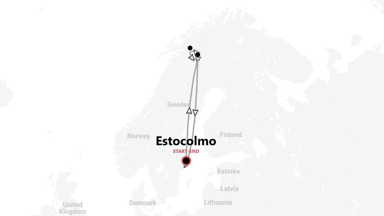 Mapa de un itinerario de viaje con inicio y fin en Estocolmo, y una ruta hacia el norte de Suecia.