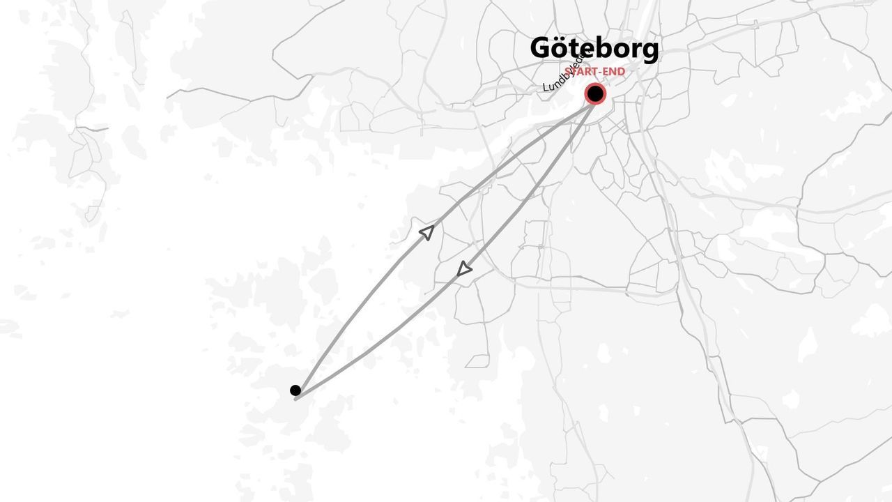 Eine stilisierte Karte, die eine Reiseroute darstellt, welche in Göteborg beginnt und endet, mit einer Schleifenroute, die sich zur Küste erstreckt.