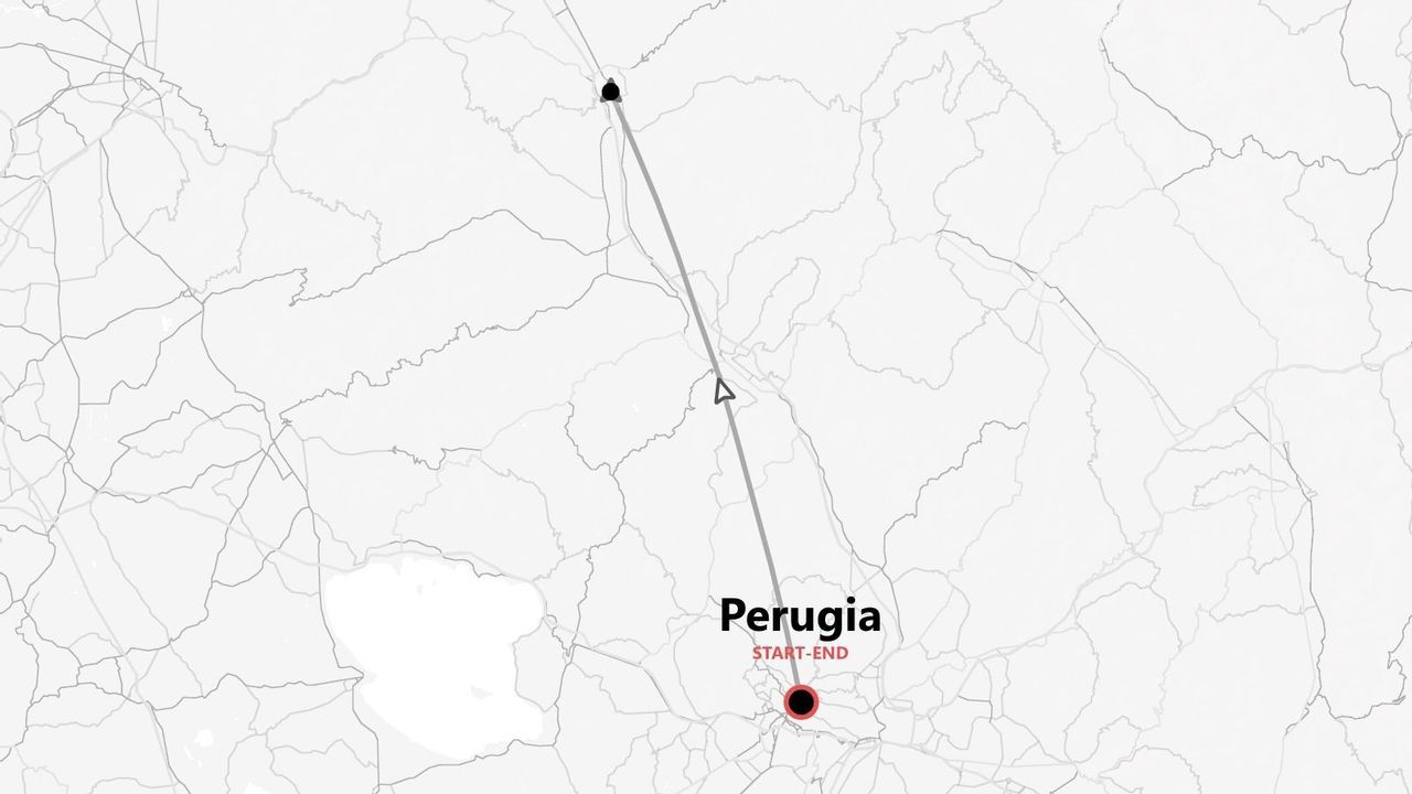 Una mappa minimalista che mostra un percorso di viaggio con un punto di inizio e fine a Perugia.