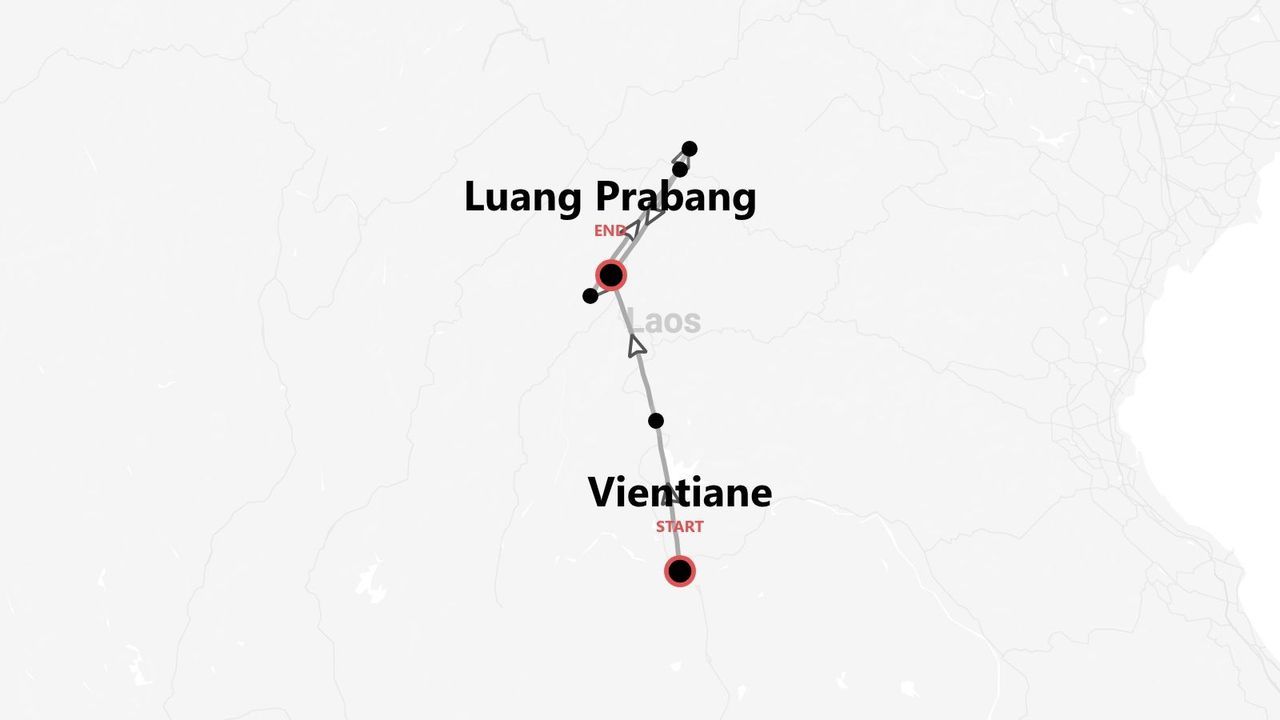 Una mappa che mostra un itinerario di viaggio attraverso il Laos, con inizio a Vientiane e termine a Luang Prabang.