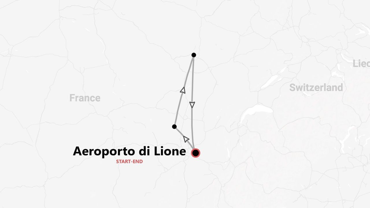 Una mappa di un itinerario di viaggio in Francia con partenza e arrivo all'Aeroporto di Lione.