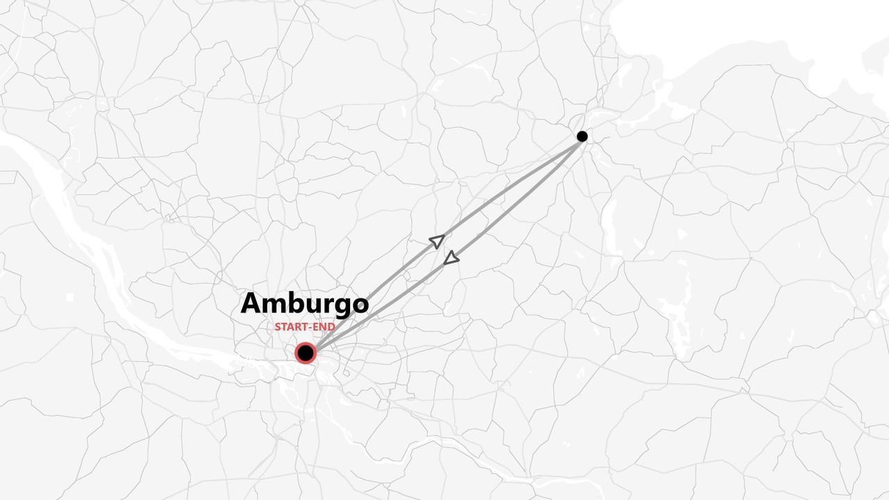 Una mappa stilizzata che mostra un itinerario di viaggio di andata e ritorno, con la città di Amburgo segnata come punto di partenza e arrivo.
