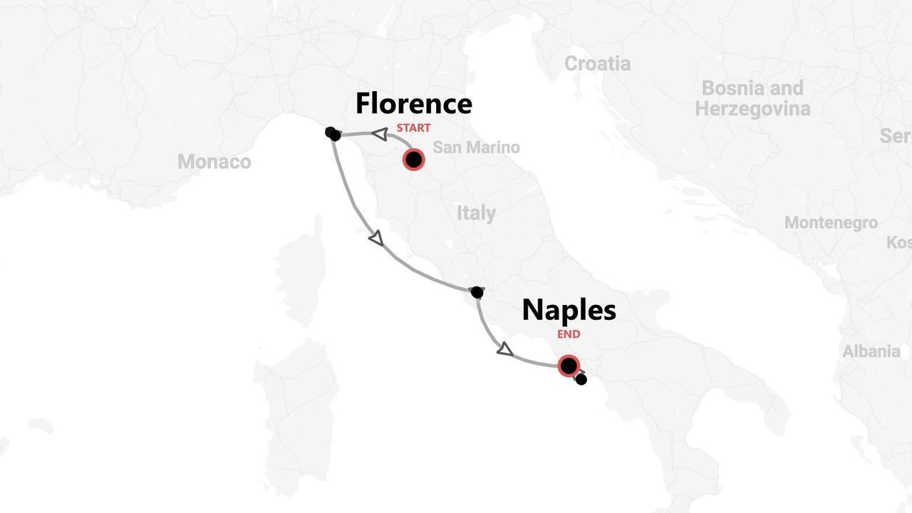 A map of Italy showing a travel itinerary that starts in Florence and ends in Naples, with a line marking the route.