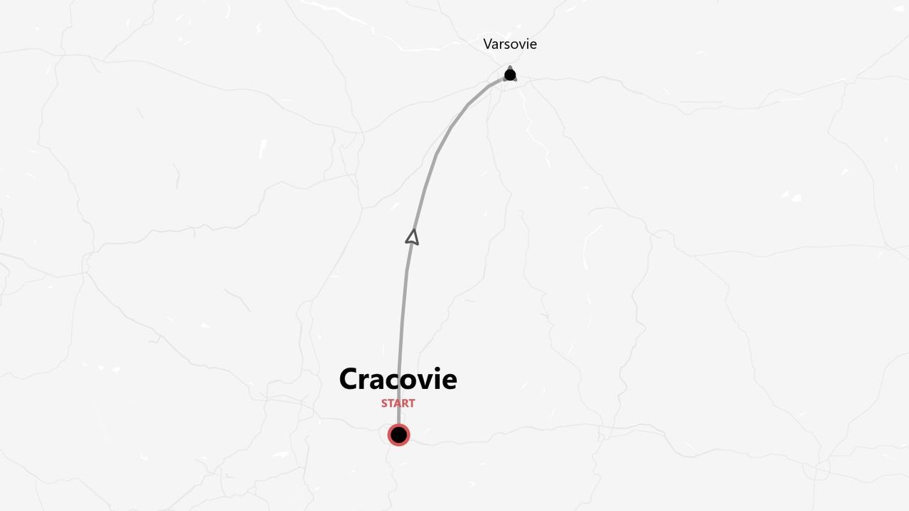 Une carte minimaliste montrant l'itinéraire de voyage du point de départ à Cracovie vers la destination de Varsovie.