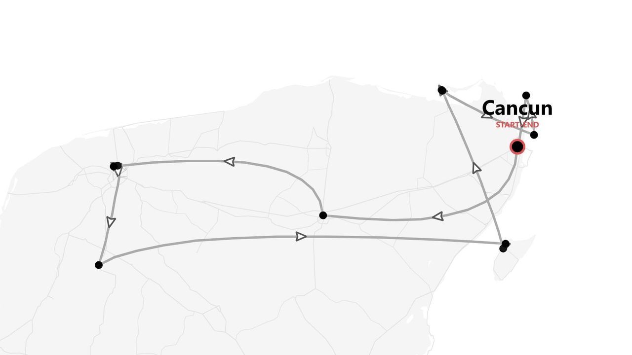 Una mappa che illustra un itinerario di viaggio con partenza e arrivo a Cancun, completo di tappe e frecce direzionali.