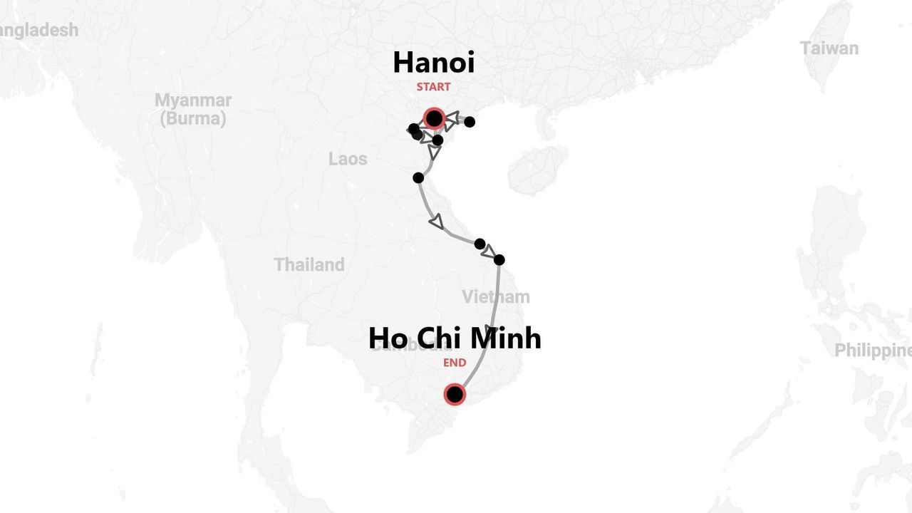 Carte d'un itinéraire de voyage au Vietnam, de Hanoï à Hô Chi Minh-Ville.