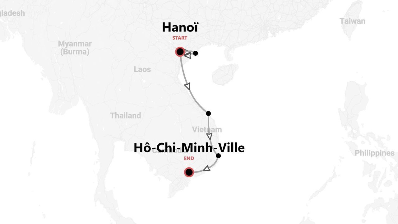 Une carte montrant un itinéraire de voyage au Vietnam, commençant à Hanoï et se terminant à Hô Chi Minh-Ville.