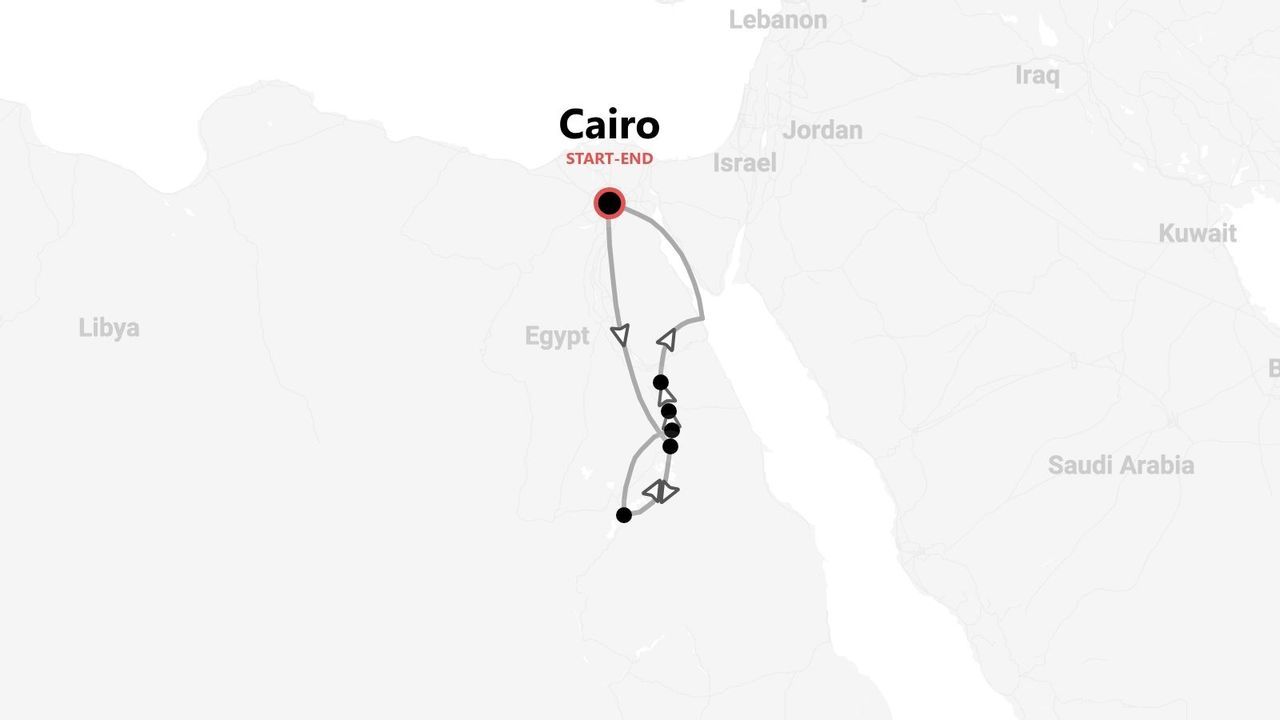 Carte de l'Égypte présentant un itinéraire de voyage qui débute et se termine au Caire, avec un parcours vers le sud.