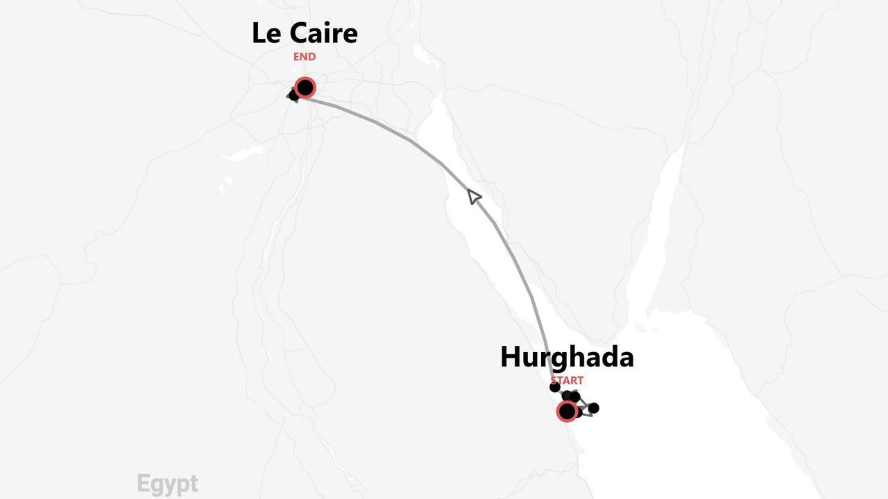 Carte d'un itinéraire de voyage en Égypte, de Hurghada au Caire.