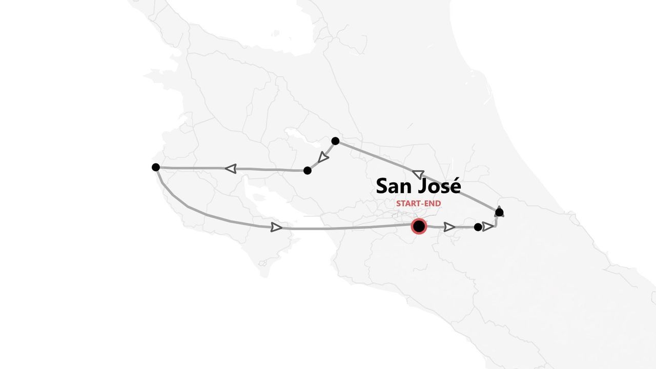 Mappa minimalista di un itinerario di viaggio per un tour della Costa Rica, con partenza e arrivo a San José.
