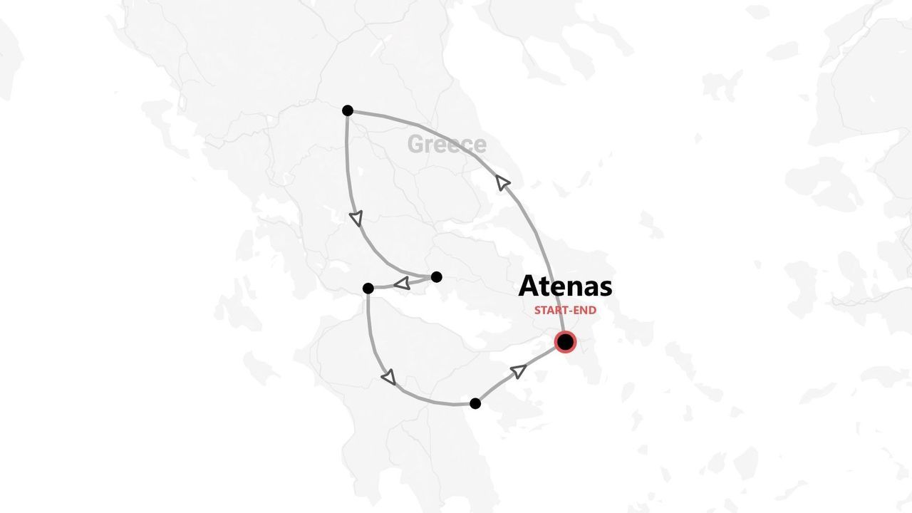 Un mapa de una ruta de viaje por Grecia, que comienza y termina en Atenas, mostrado como un circuito con varias paradas.