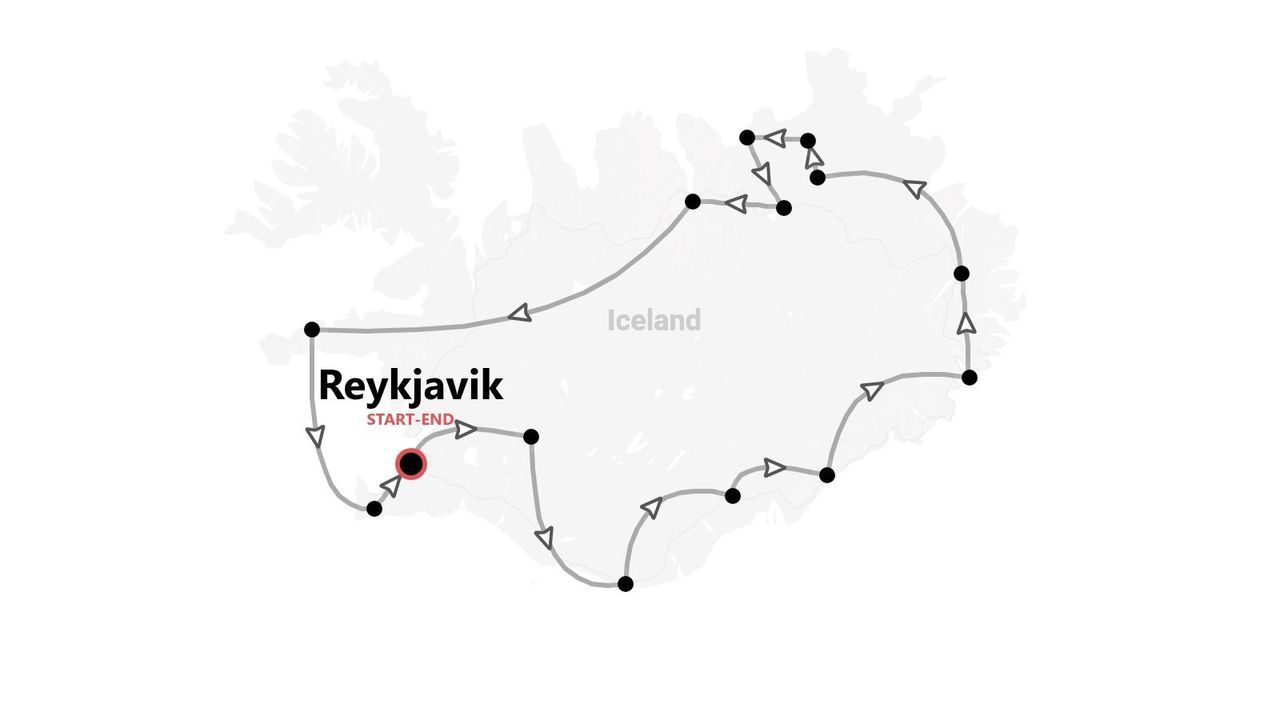 Mapa de Islandia con un itinerario de viaje que comienza y termina en Reikiavik y recorre la isla.