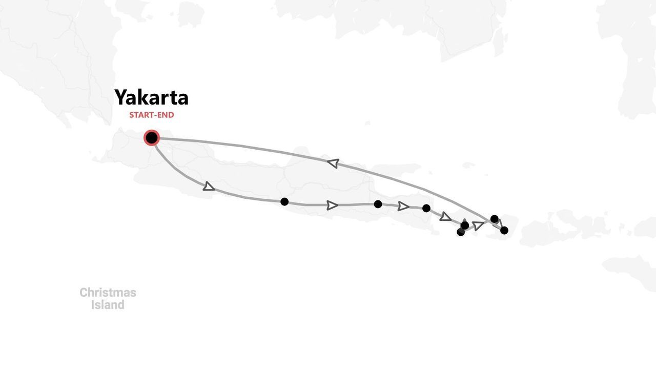Mapa de un itinerario de viaje circular con Yakarta como punto de inicio y fin, cruzando varias islas.