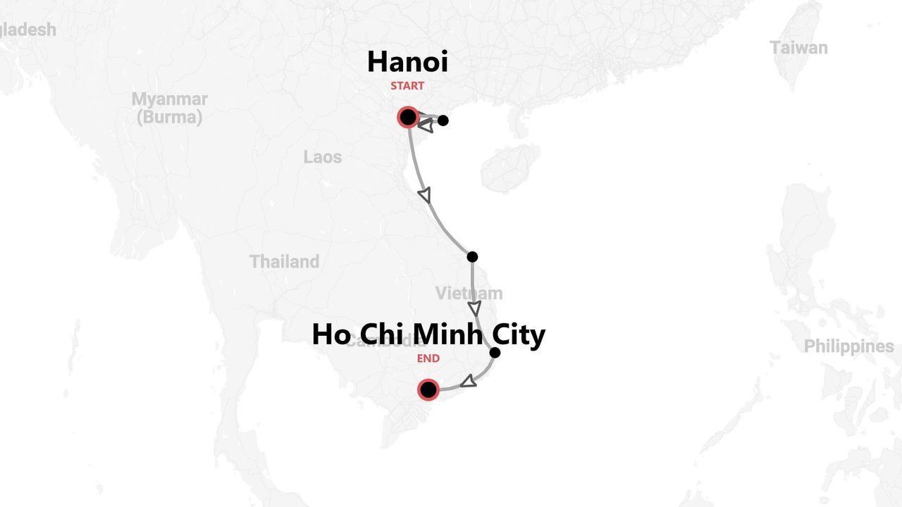 Una mappa che mostra un itinerario di viaggio attraverso il Vietnam, con inizio ad Hanoi e fine a Ho Chi Minh City.