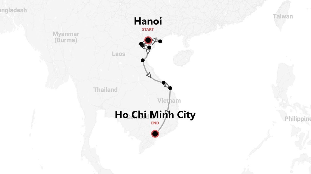 Una mappa del Vietnam che mostra un itinerario di viaggio che inizia ad Hanoi e termina a Ho Chi Minh City.