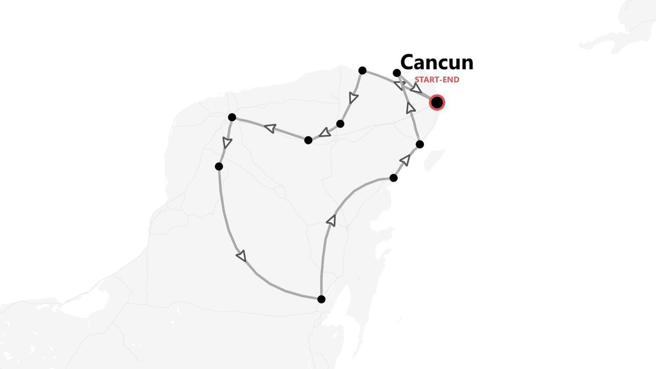 Mappa di un itinerario di viaggio circolare con partenza e arrivo a Cancun.