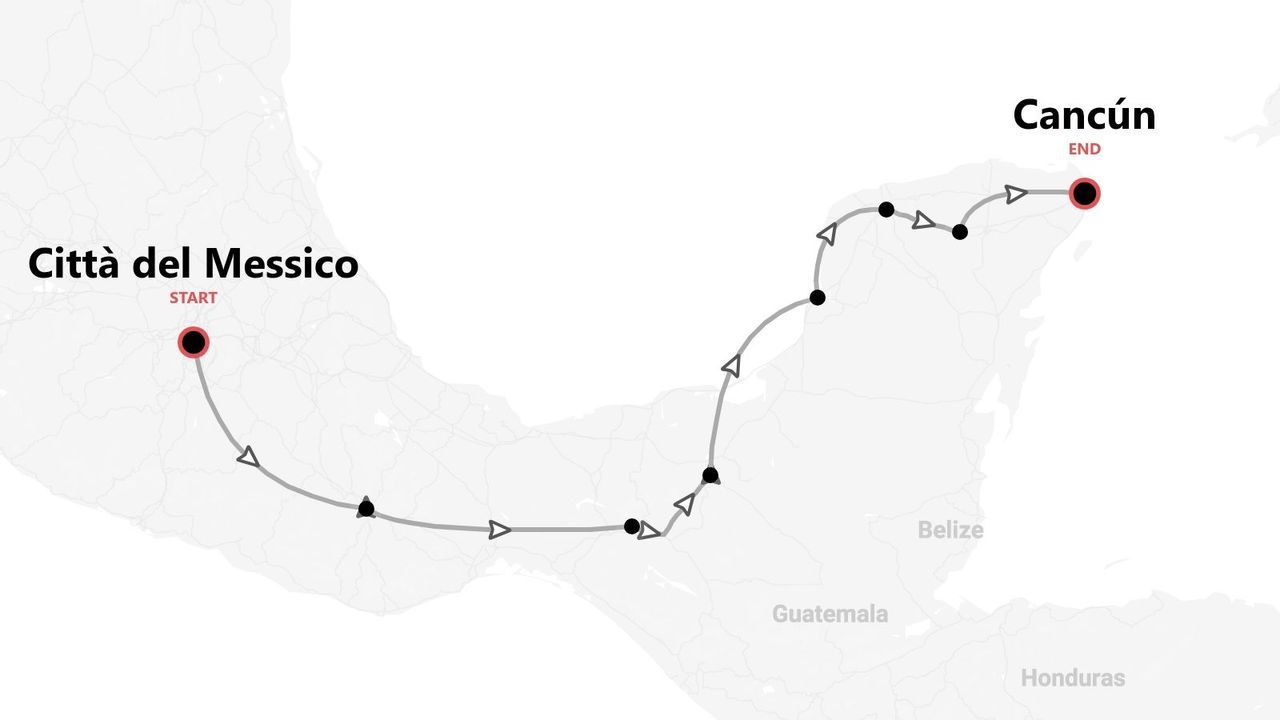 Una mappa che mostra un itinerario di viaggio attraverso il Messico, con partenza da Città del Messico e arrivo a Cancún.