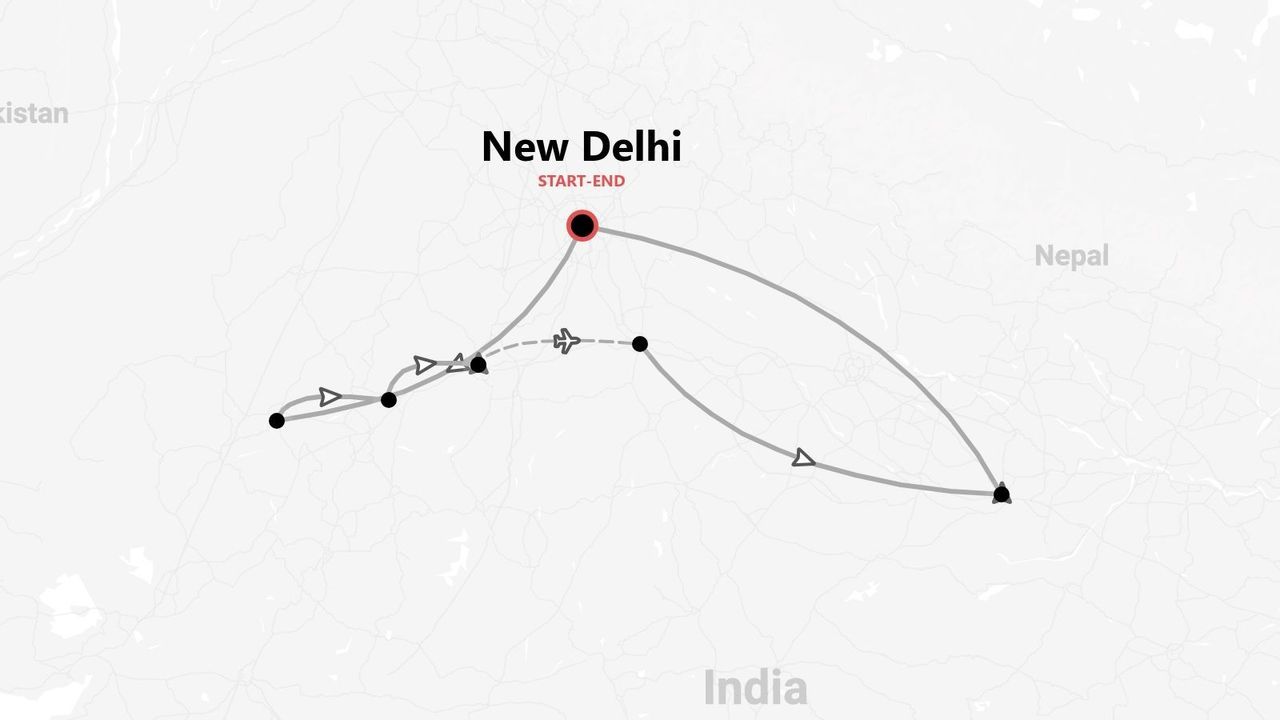 Mappa di un itinerario di viaggio in India, con partenza e arrivo a Nuova Delhi e icone per i trasporti aerei e terrestri.