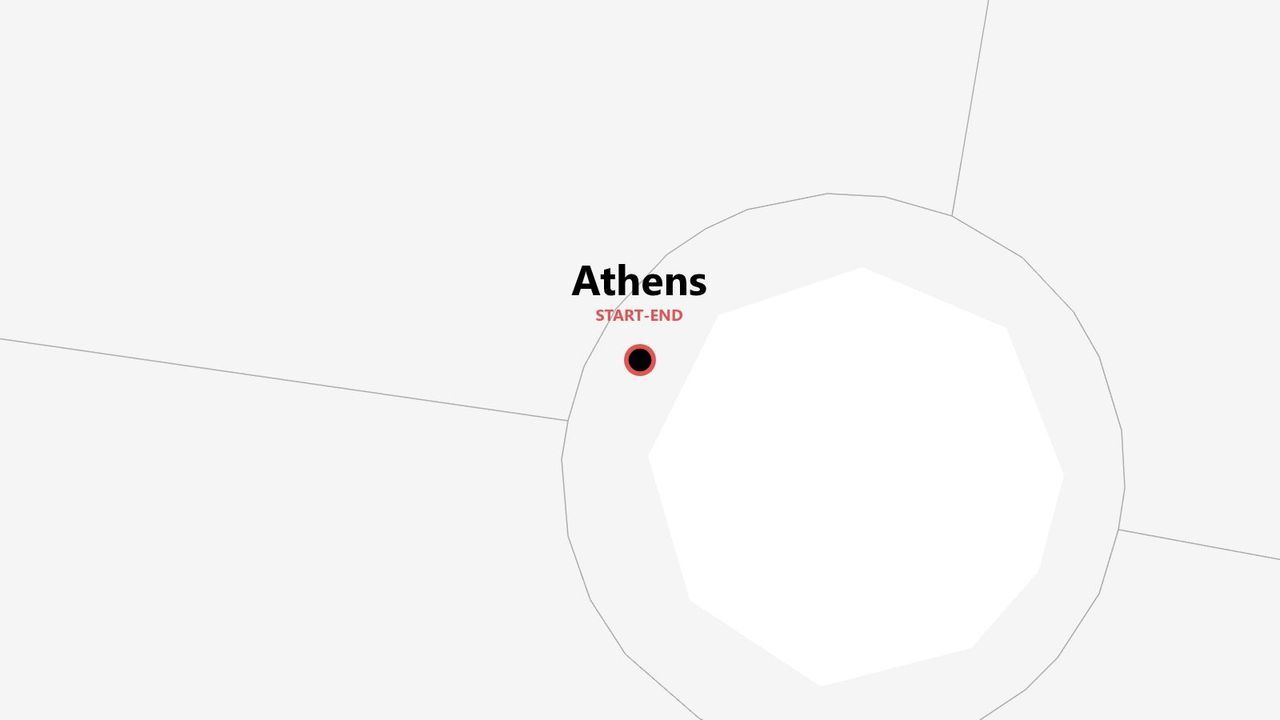 Un mapa estilizado que muestra una ruta circular que comienza y termina en Atenas, marcada con un pin rojo.
