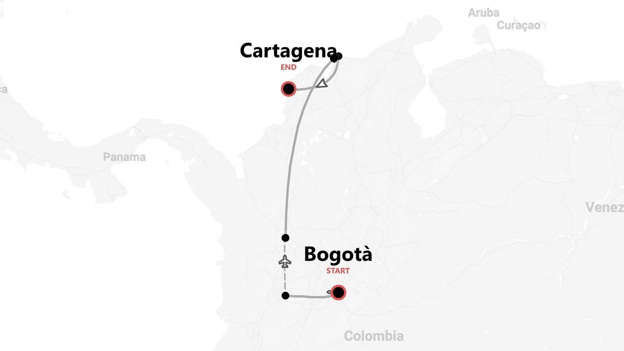 Una mappa della Colombia che mostra un itinerario di viaggio che inizia a Bogotà e termina a Cartagena.