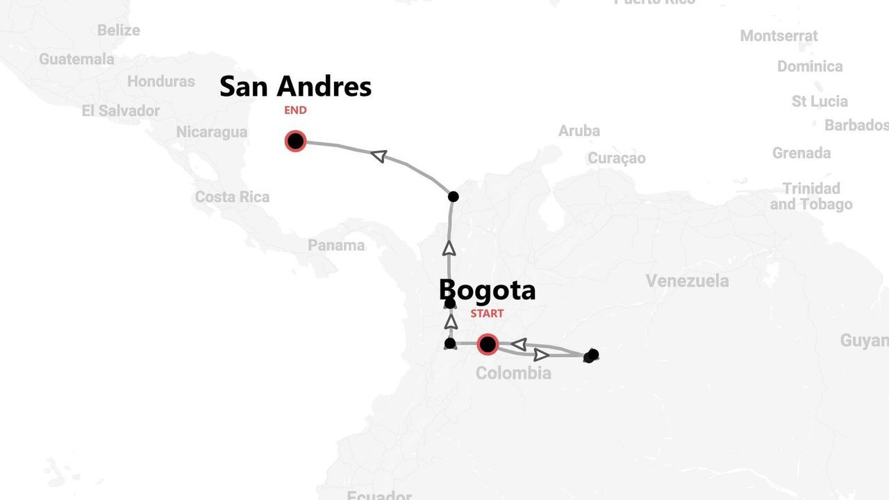 Mappa di un itinerario di viaggio in Colombia, con partenza da Bogotà e arrivo a San Andrés.