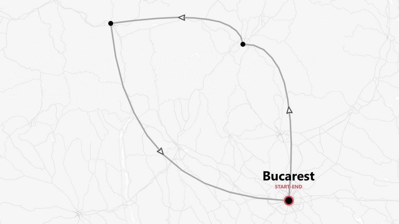 Una mappa di un itinerario turistico ad anello, con partenza e arrivo a Bucarest.