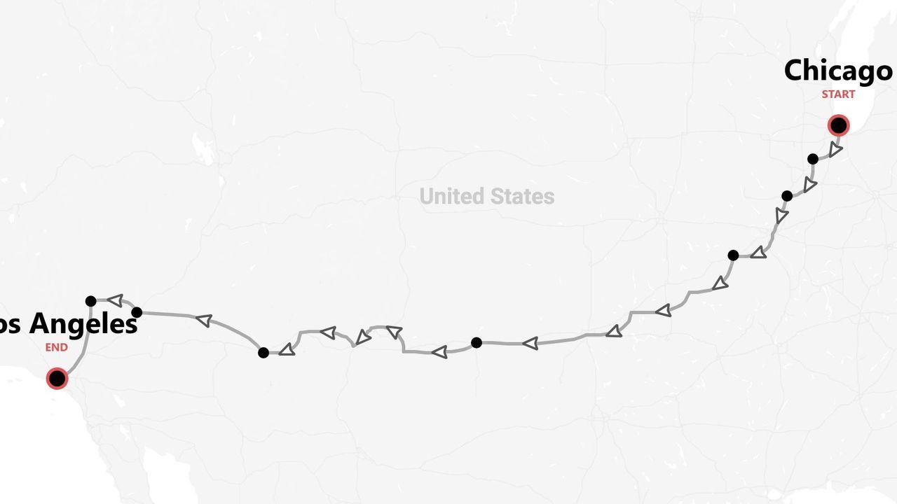 Una mappa degli Stati Uniti che mostra un itinerario di viaggio con partenza da Chicago e arrivo a Los Angeles.