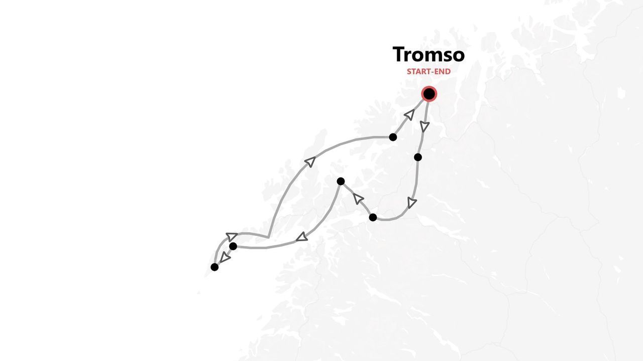 Mappa di un itinerario circolare a Tromso, con tappe indicate.