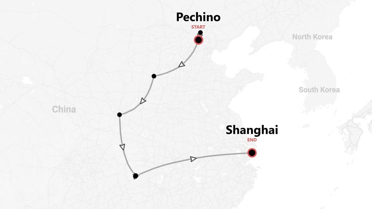 Mappa di un itinerario di viaggio in Cina, da Pechino a Shanghai.