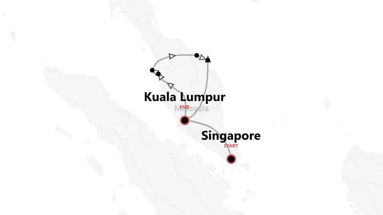 Una mappa che mostra un itinerario di viaggio con partenza da Singapore e arrivo a Kuala Lumpur, Malesia, con un percorso attraverso la penisola.