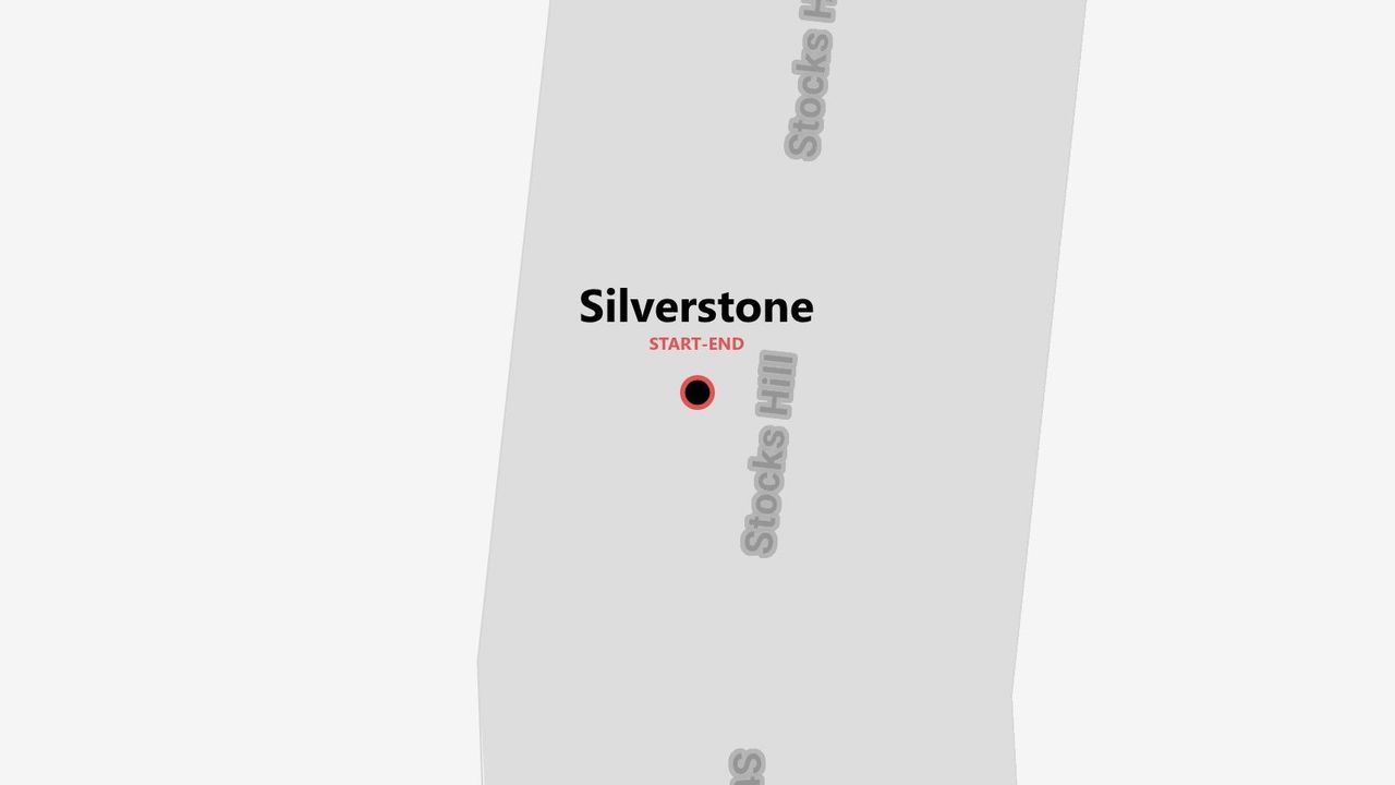A minimalist map of Silverstone showing the start and end point located on Stocks Hill.