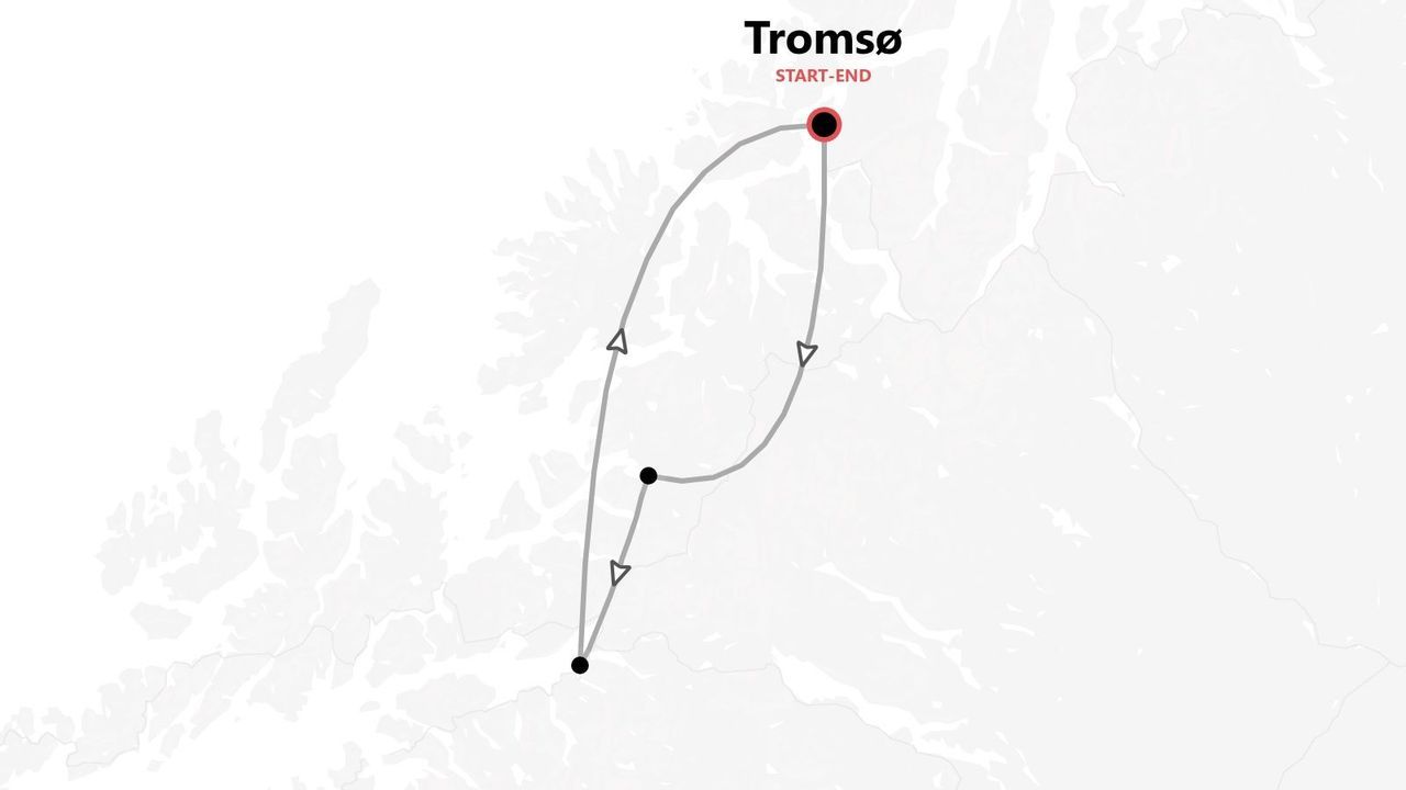 Eine Karte, die eine Reiseroute von und nach Tromsø zeigt, mit einer als Schleife eingezeichneten Strecke.