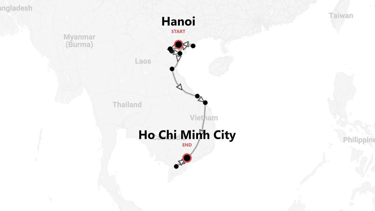 Reiseroute Vietnam: Karte von Hanoi nach Ho-Chi-Minh-Stadt.