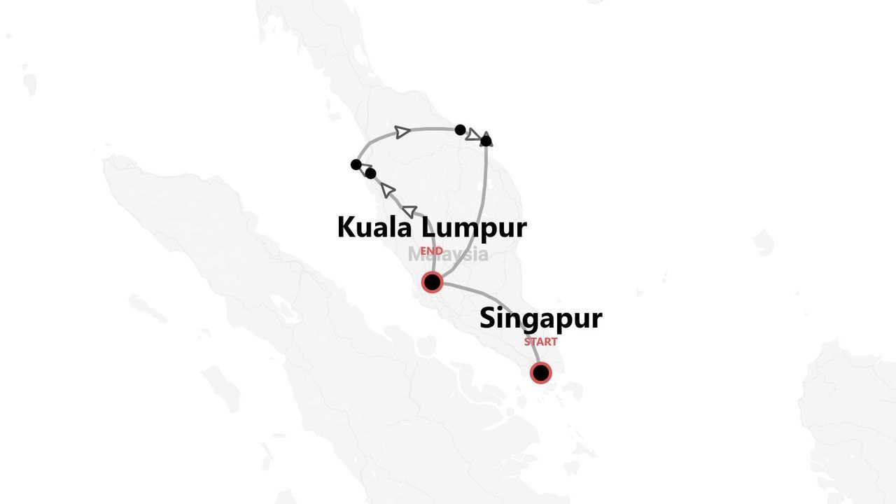 Un mapa que muestra un itinerario de viaje comenzando en Singapur y terminando en Kuala Lumpur, con un recorrido por Malasia.