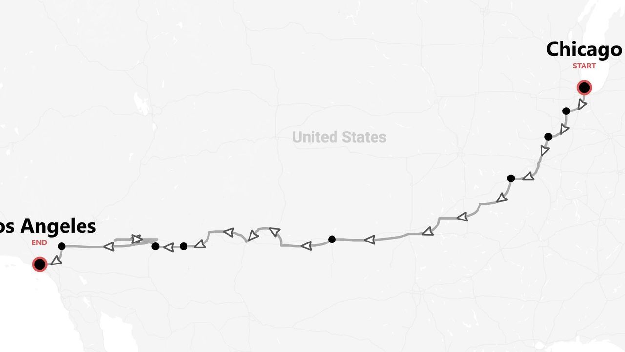 Une carte des États-Unis montrant un itinéraire de Chicago à Los Angeles.